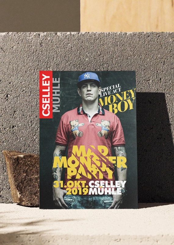 Flyer der Mad Monster Party für die Cselley Mühle mit Money Boy am Cover.
